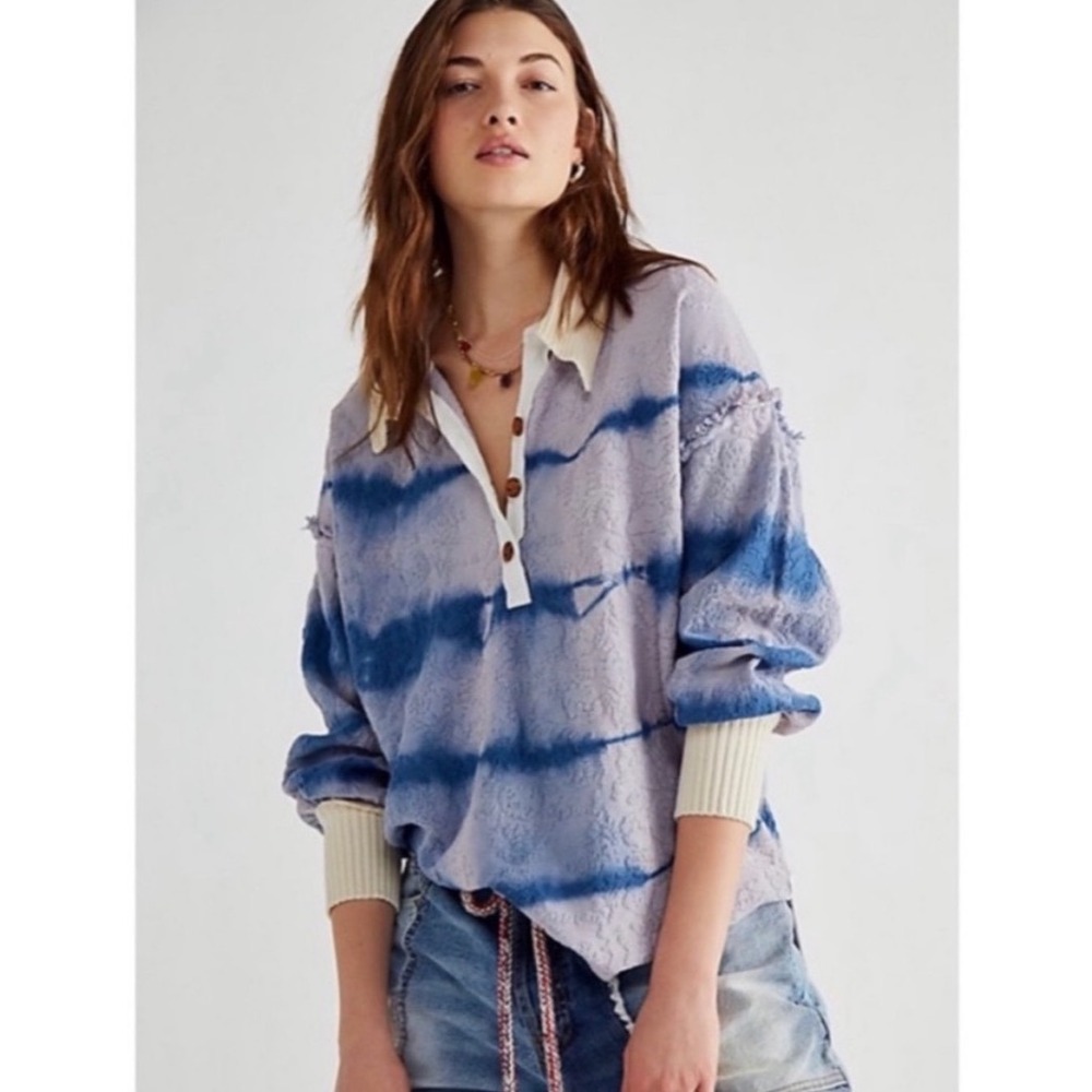 Free People Sunrise Pullover Polo Sweater Womens Sz XS Blue NEW‎ NWT Beachy Boho